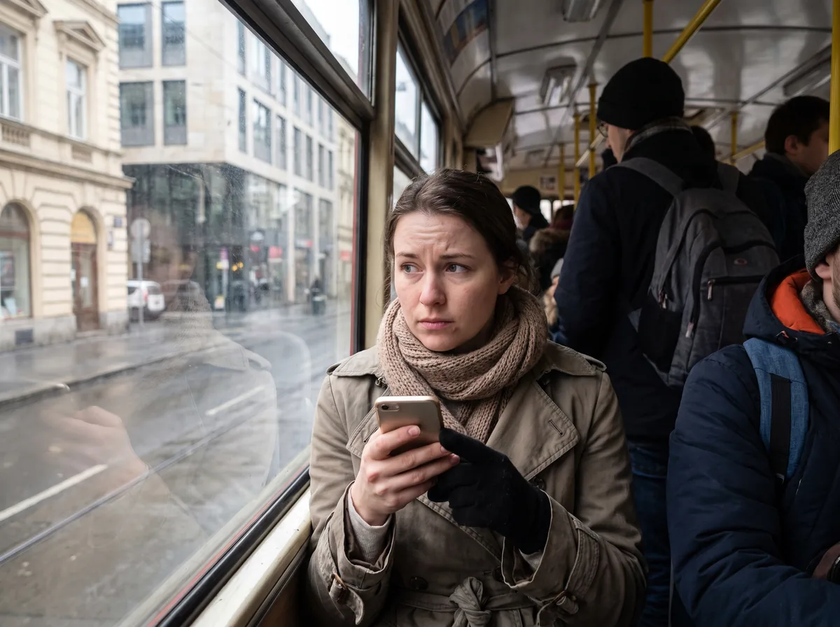 Kandydatka w tramwaju czyta na telefonie opinie o firmie przed wysłaniem CV