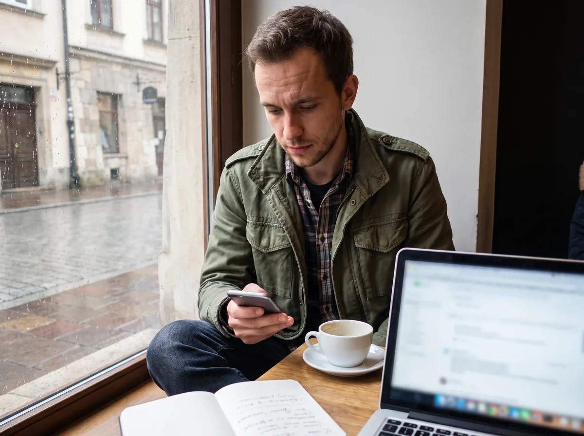 Kandydat w kawiarni porównuje na telefonie i laptopie opinie o pracodawcy przed wysłaniem CV